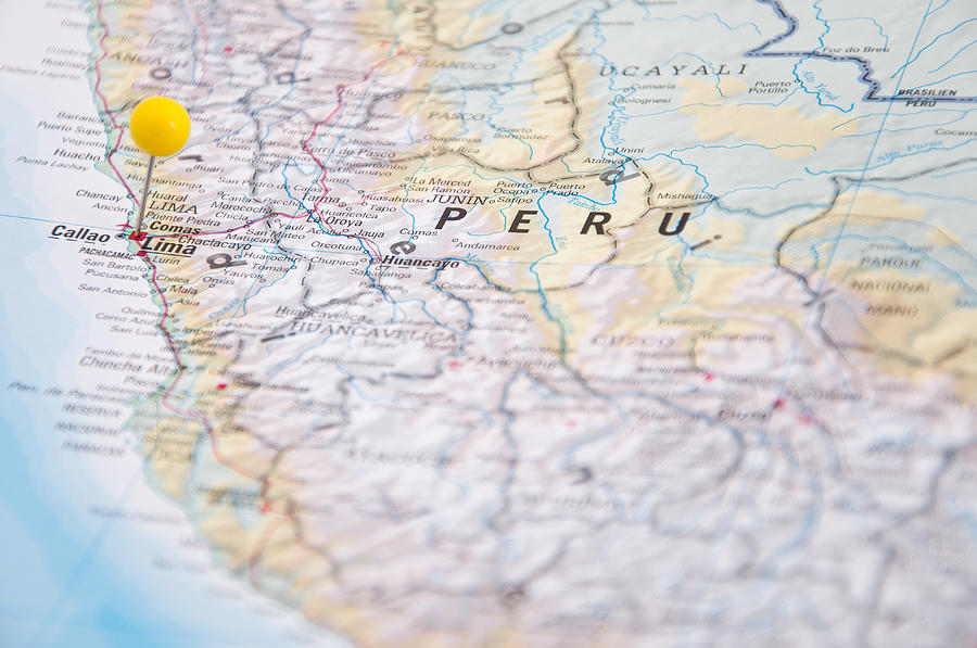 Lima, Brazil, Yellow Pin, Close-Up of Map. Photograph by Steffiiiii