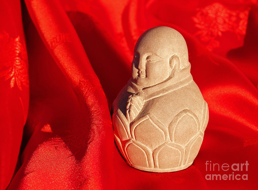 Limestone Buddha on Red Silk Photograph by Anna Lisa Yoder