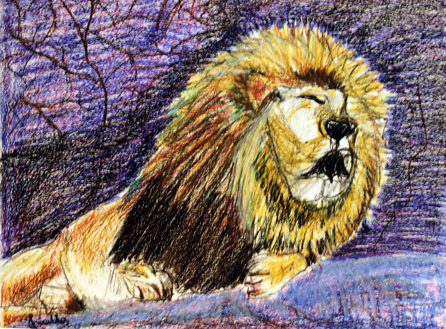 Animal Pastel - Lincoln Park Lion On Rock 2 by Lazaro Giraldo Lee
