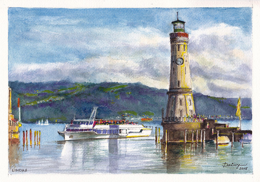 Lindau Light and Harbour Painting by Dai Wynn