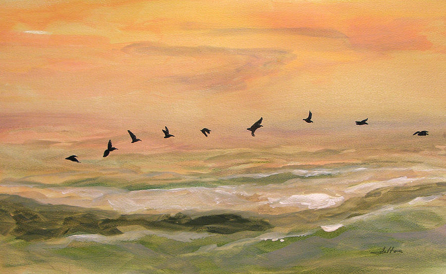 Line of pelicans Painting by Julianne Felton