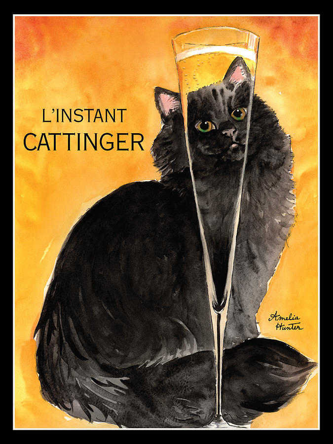 Cat Painting - LInstant Cattinger Black Cat Champagne by Amelia Hunter