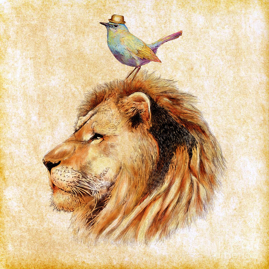 Lion and Bird Digital Art by Jakarin Prawatruangsri