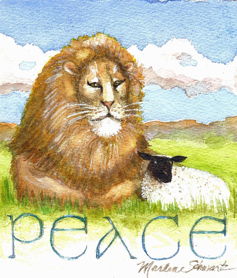 Lion and Lamb - Peace  Painting by Marlene Schwartz Massey