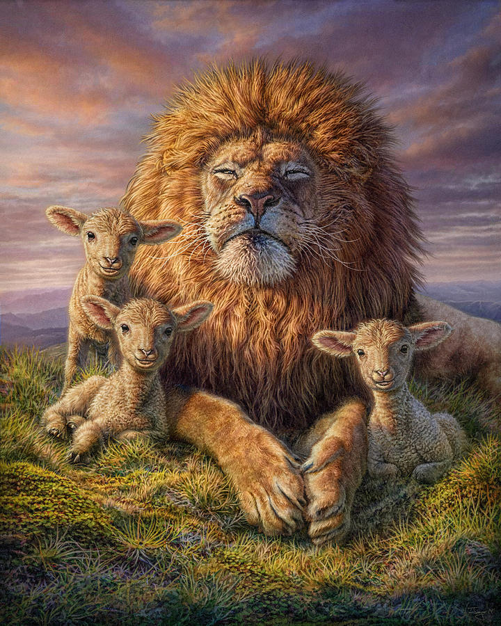 Sheep Mixed Media - Lion and Lambs by Phil Jaeger