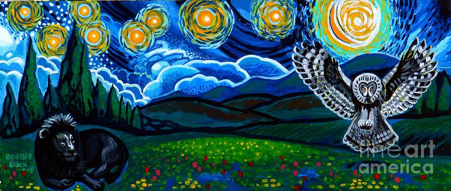 Vincent Van Gogh Painting - Lion And Owl On A Starry Night by Genevieve Esson
