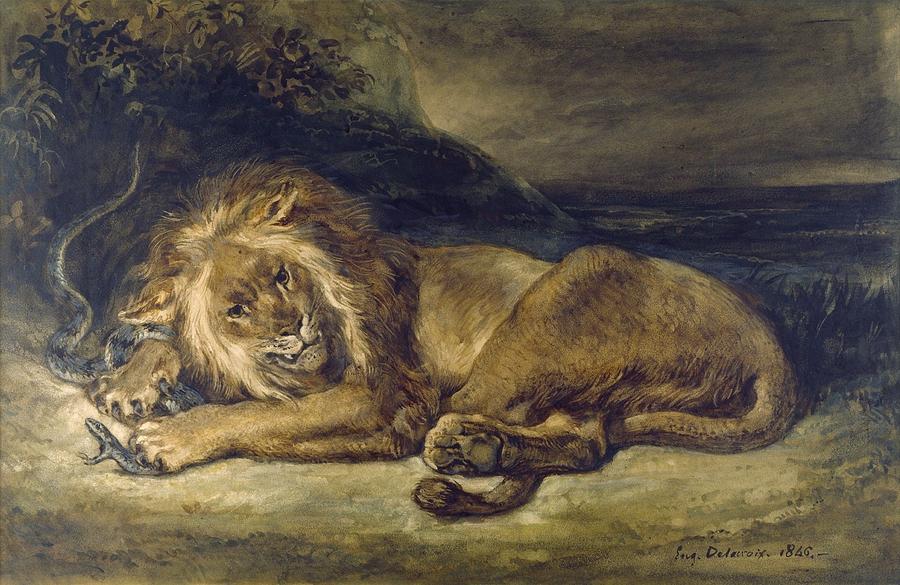 Eugene Delacroix Painting - Lion and Snake by Eugene Delacroix