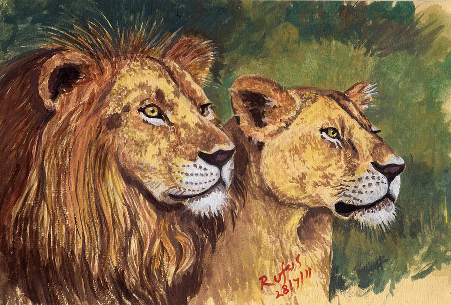 Lion Couple Painting By Antony Rufus 