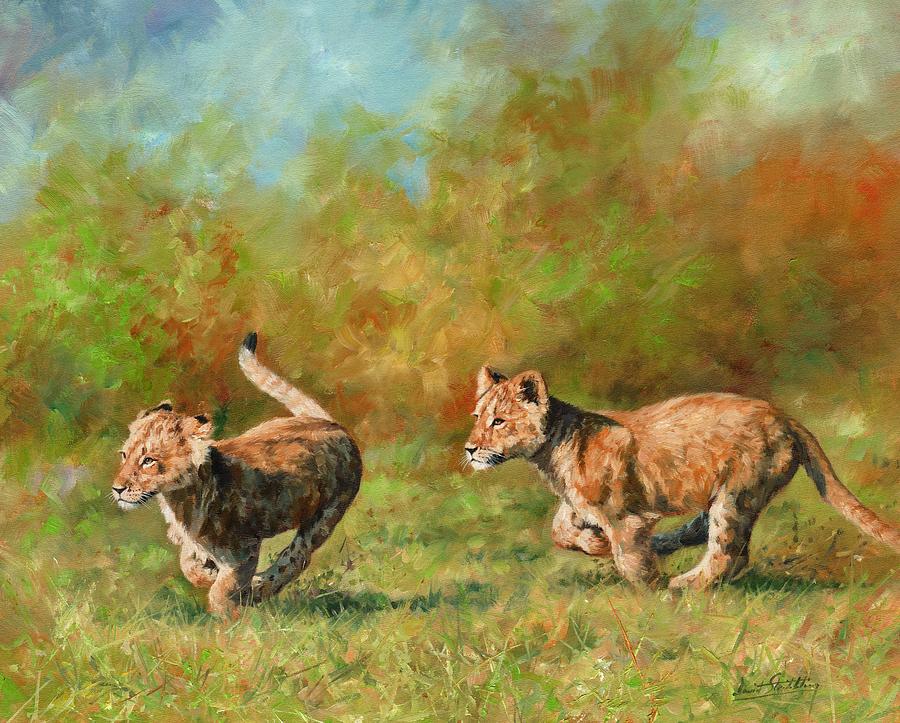 Lion Cubs Running Painting by David Stribbling