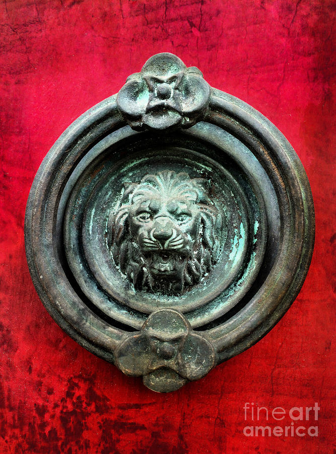 Lion Photograph - Lion Door Knocker on Red Door by Amy Cicconi
