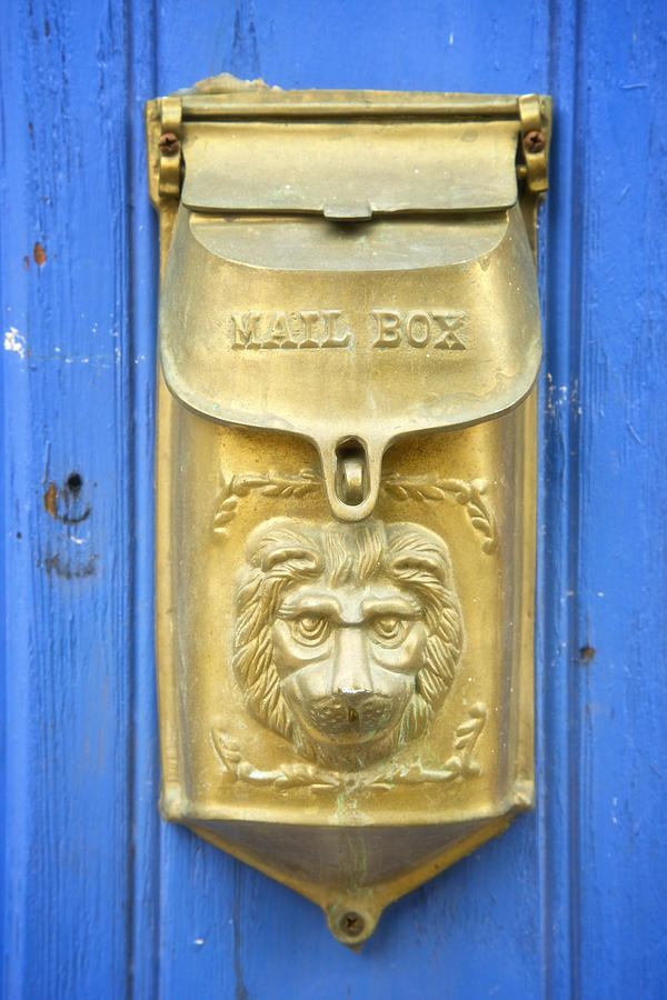Lion Faced Antique Mailbox on Blue in Salida Colorado Photograph by Mary Lee Dereske