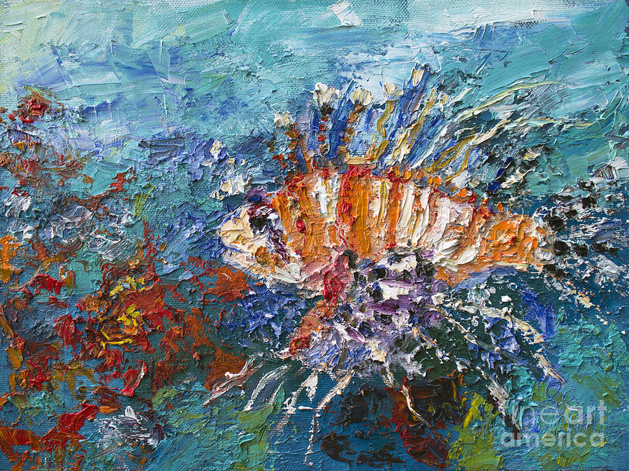 Lion Fish Red Coral Oil Painting Painting by Ginette Callaway