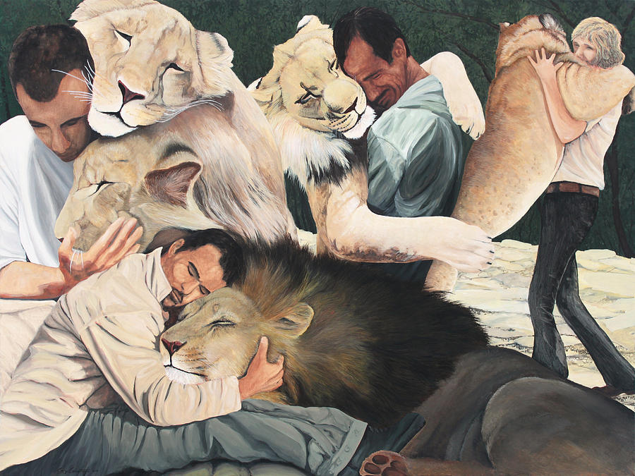 Lion Hugs Painting by Cory Calantropio