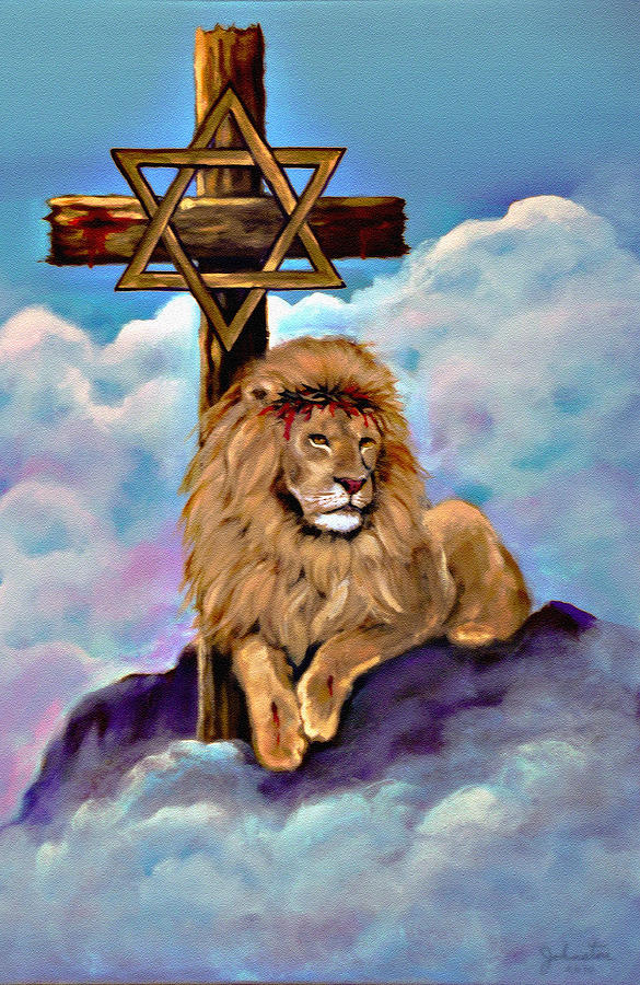 Knight Painting - Lion of Judah at the Cross by Bob and Nadine Johnston