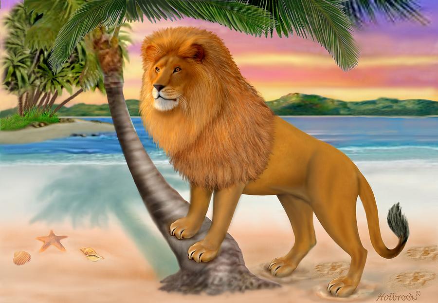 Lion On The Beach Digital Art by Glenn Holbrook
