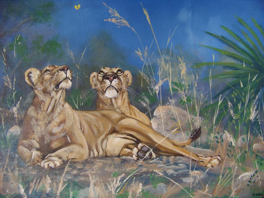 Butterfly Painting - Lioness and Butterfly by Robert Teeling