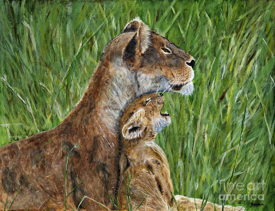 Lioness and Cub Painting Painting by Timothy Hacker