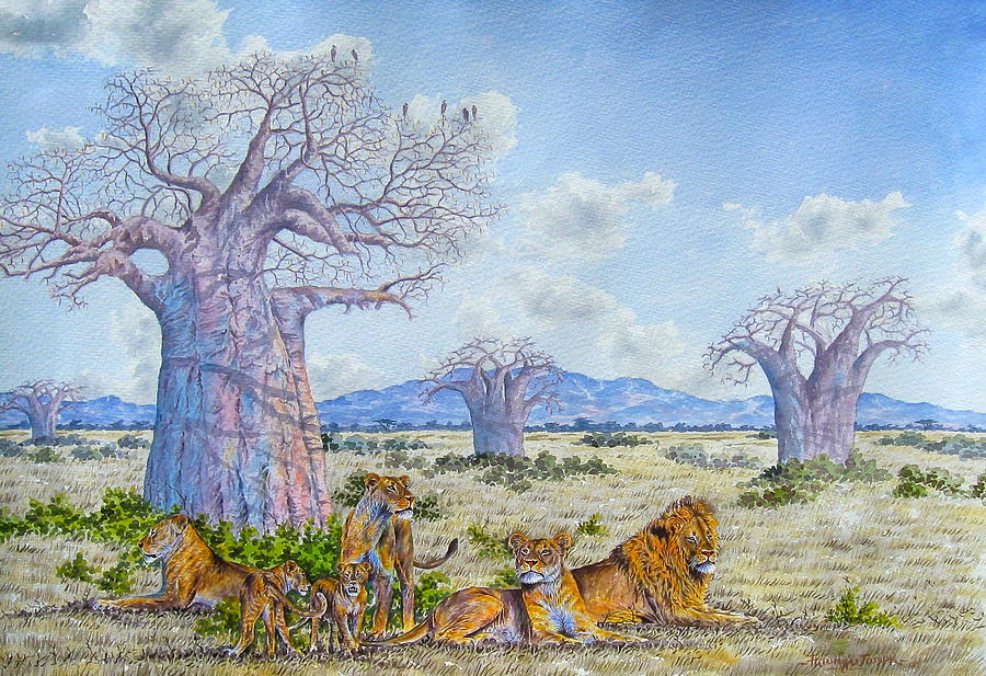 Lions by the Baobab Painting by Joseph Thiongo