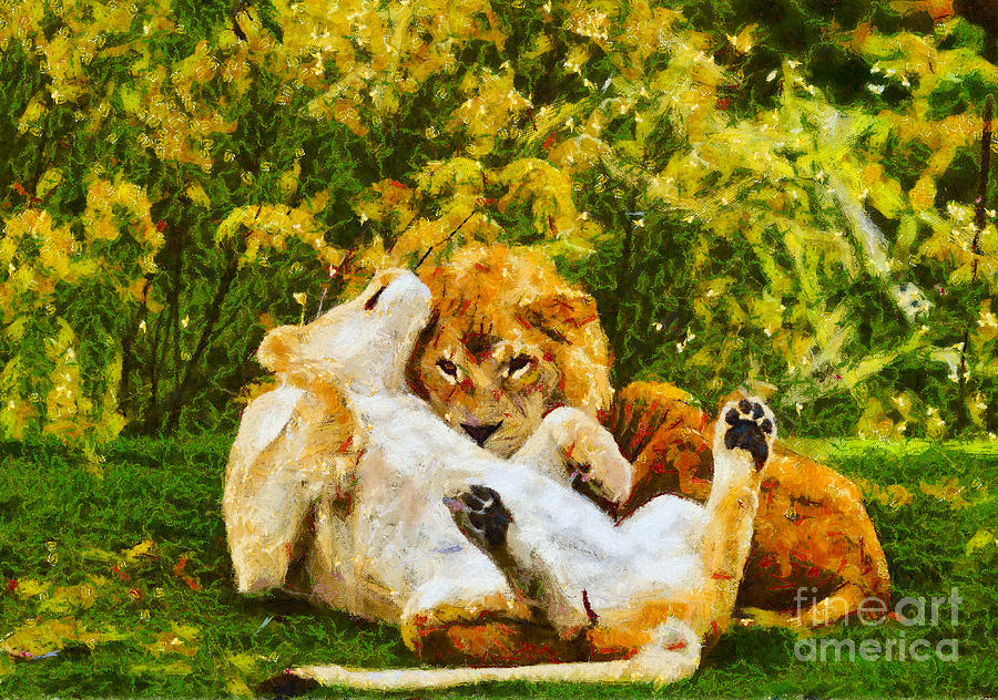 Lions in Love - painterly Photograph by Les Palenik
