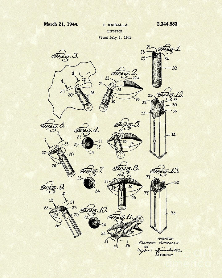 Lipstick 1944 Patent Art Drawing by Prior Art Design