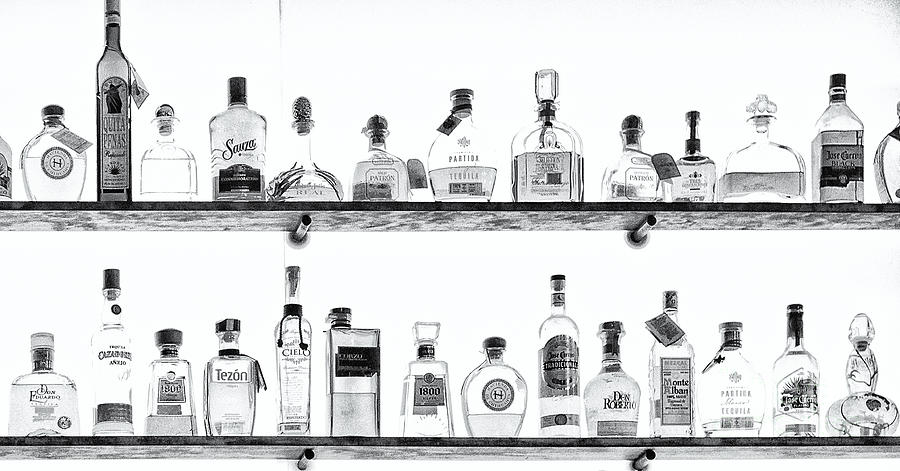 Liquor Bottles - Black and White Photograph by Kathleen K Parker