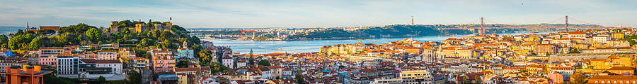 Lisbon sunrise super panorama across Castelo Baixa and bridge Portugal Photograph by fotoVoyager