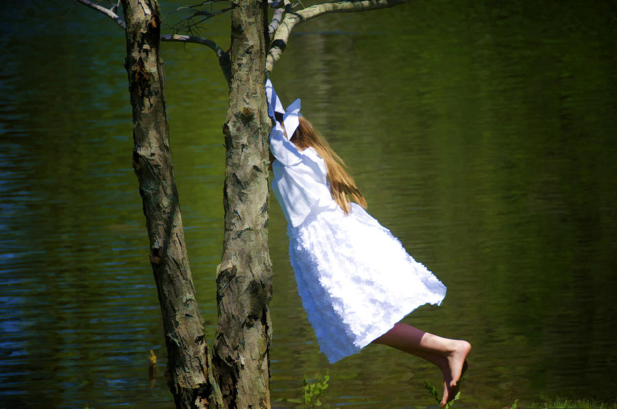 Tree Photograph - Litte Girl Swinging in White Dress by Donna Doherty