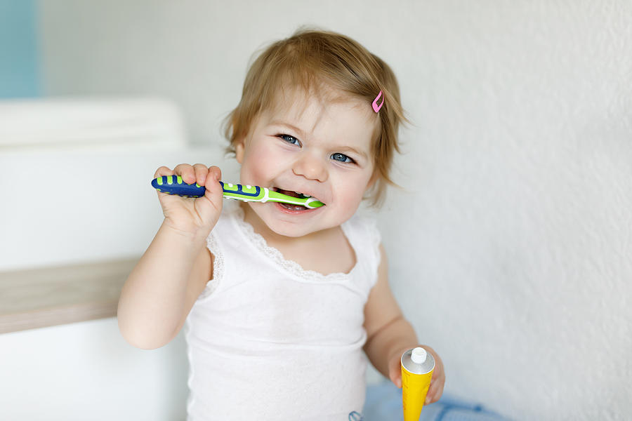 Little baby girl holding toothbrush and brushing first teeth. Toddler learning to clean milk tooth. Photograph by Romrodinka