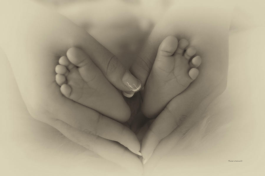 Black And White Photograph - Little Bambino Toes Surrounded By Love by Thomas Woolworth