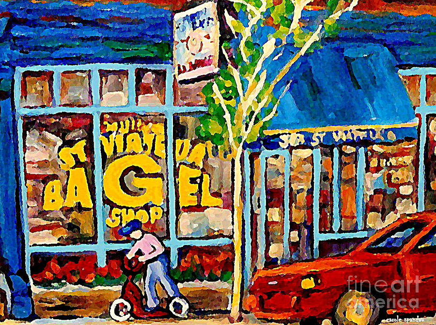Little Blue Scooter Boy St. Viateur Bagel Shop Classic Montreal Street Scene Paintings Original Art  Painting by Carole Spandau