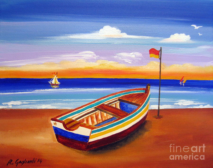 Little boat on the beach at sunset Painting by Roberto Gagliardi