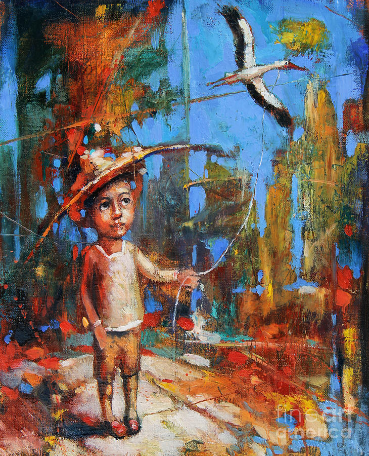 Abstract Painting - Little Boy and Kite by Michal Kwarciak
