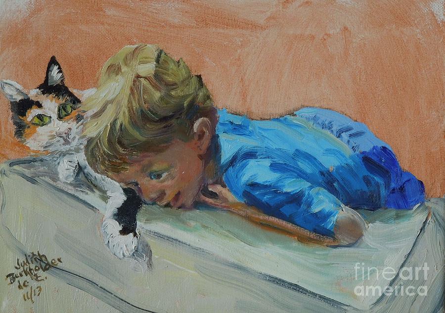 Cat Painting - Little Boy With Cat by Judith Espinoza