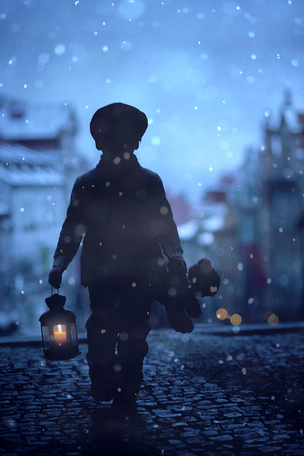Fairy Photograph - Little boy with teddy bear and lantern by Tatyana Tomsickova