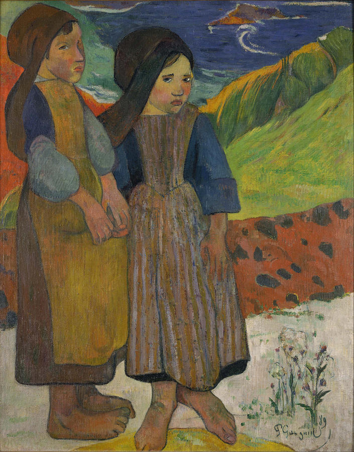 Post-impressionist Photograph - Little Breton Girls By The Sea, 1889 Oil On Canvas by Paul Gauguin
