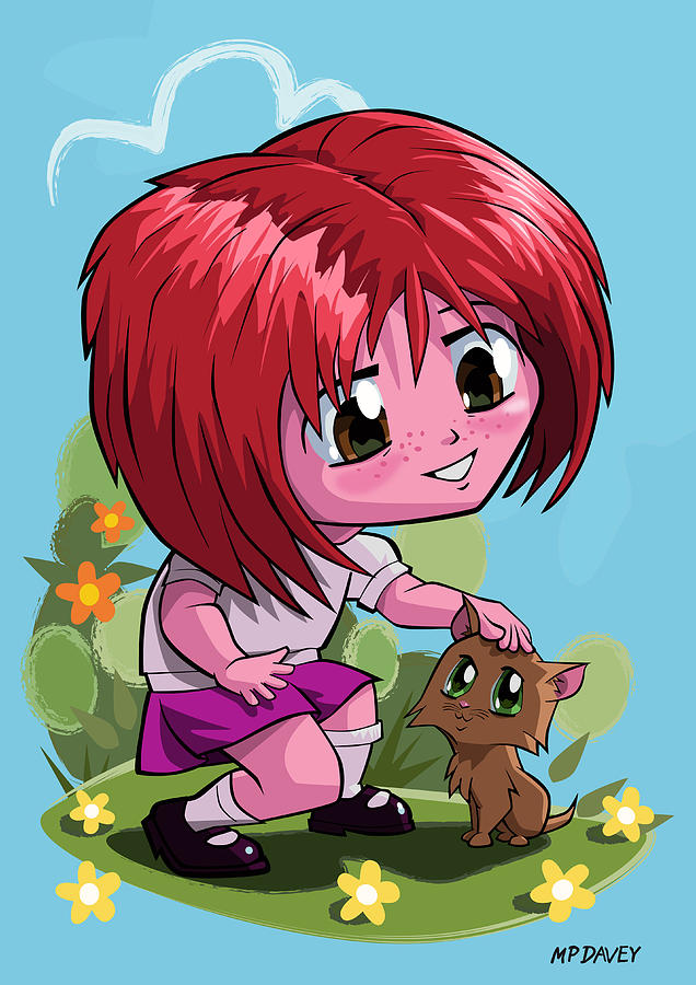 Flower Digital Art - Little cartoon manga girl stroking pet cat by Martin Davey