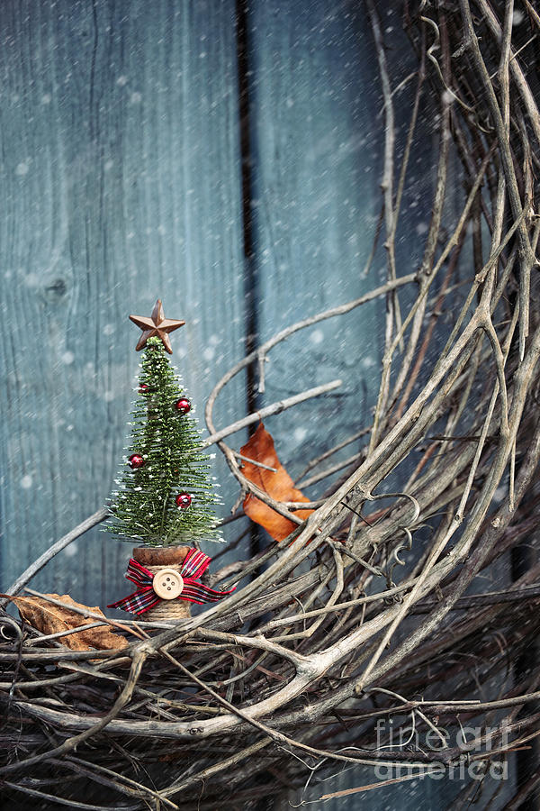 Christmas Photograph - Little christmas tree ornament on wreath by Sandra Cunningham