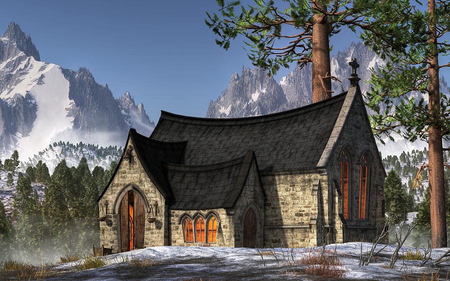 Inspirational Digital Art - Little Church in the Snow by Christian Art