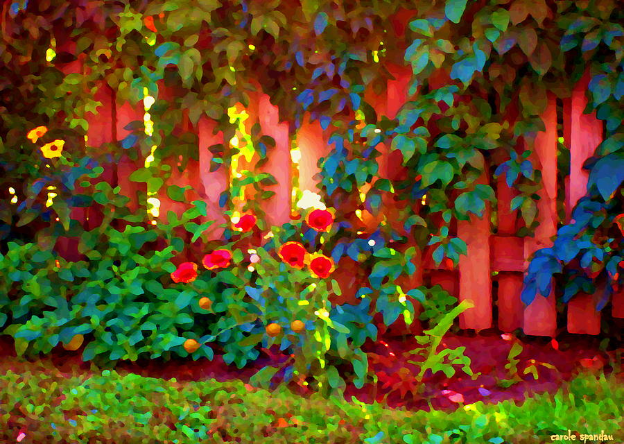 Little Country Scene Pink Flowers Climbing Leaves On Wood Fence Colors Of Quebec Art Carole Spandau Painting by Carole Spandau