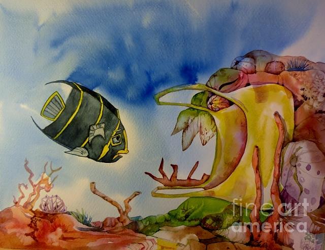 Little Fish and Scary Monster Painting by Donna Acheson-Juillet