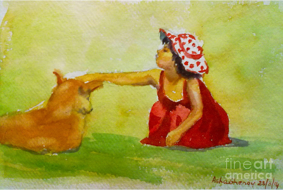 Little Girl and dog Painting by Asha Sudhaker Shenoy