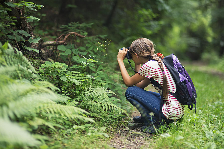 Little girl taking photos in the forest Photograph by Imgorthand
