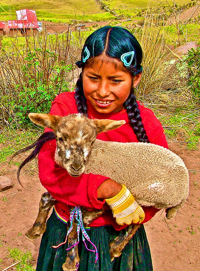 Little Girl With A Lamb On Taquille Island Peru Photograph By Ruth