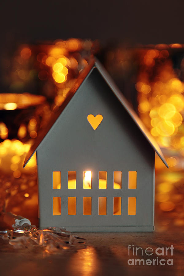 Christmas Photograph - Little gray house lit with candle for the holidays by Sandra Cunningham