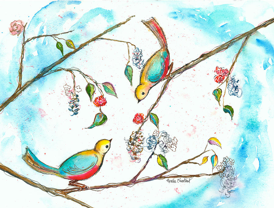 Bird Painting - Little Lovebirds II by Renee Chastant