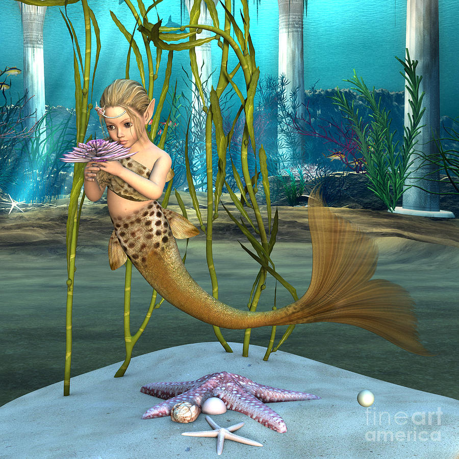 Mermaid Digital Art - Little Mermaid holding Anemone Flower by Design Windmill