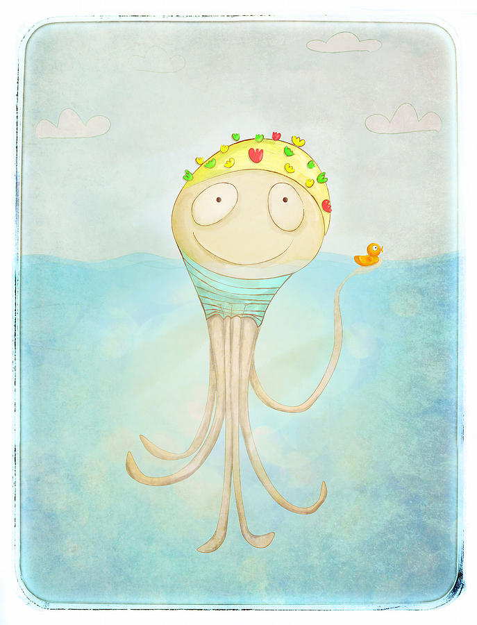 Little Octopus the Swimming Champ and his Rubber Ducky Digital Art by Lenny Carter