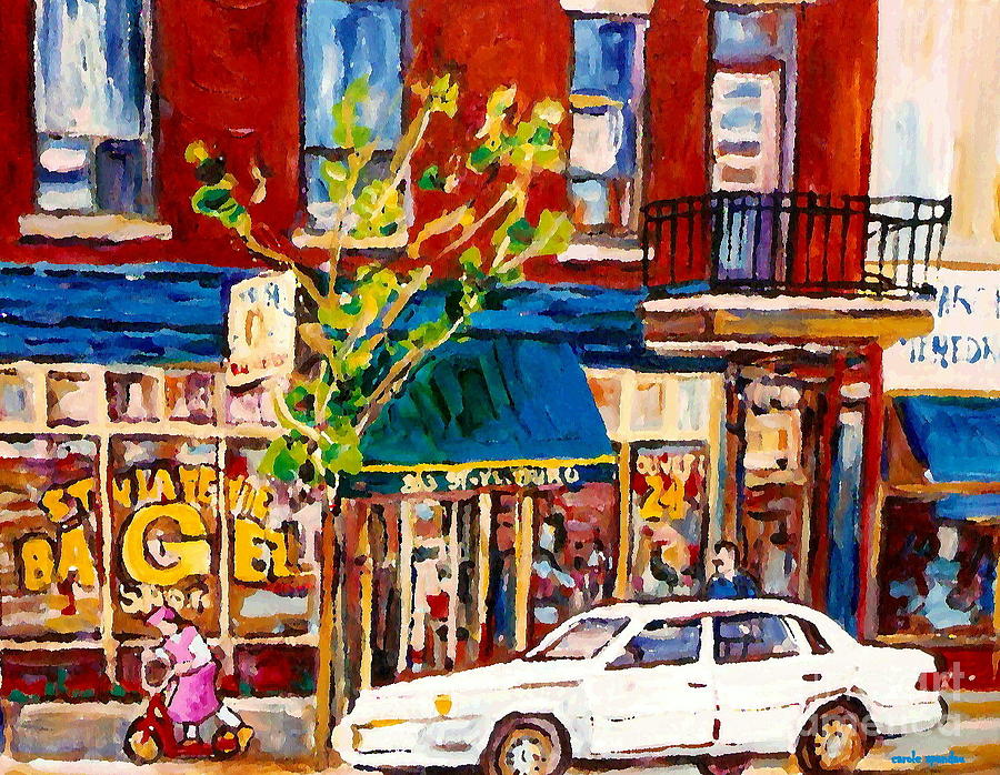 Little Pink Scooter Girl St. Viateur Bagel Shop Classic Montreal Street Scene Paintings Original Art Painting by Carole Spandau