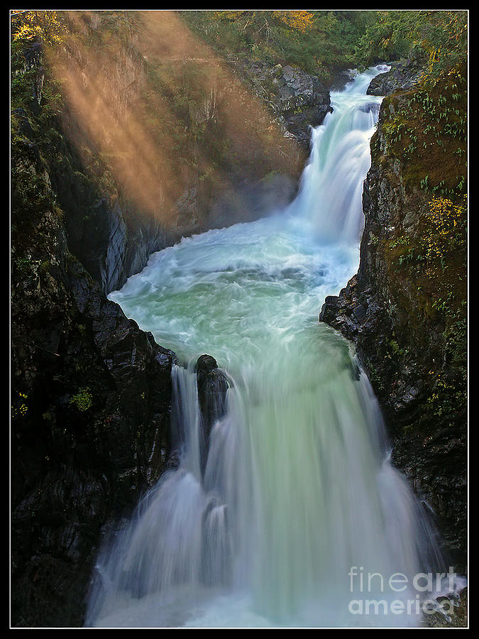 Waterfall Photograph - Sun rays over Little Qualicum Falls by Inge Riis McDonald