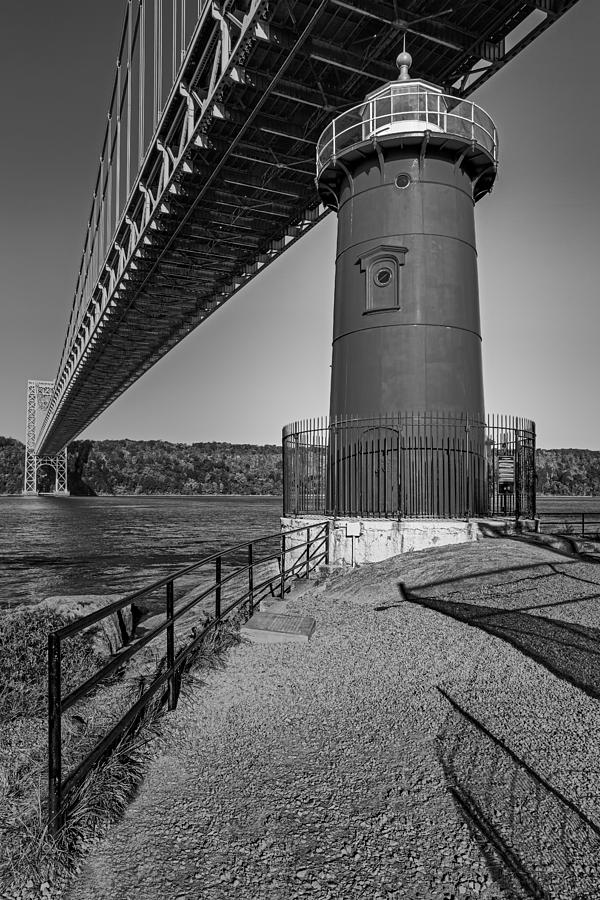 Fall Photograph - Little Red Ligthouse Under Great Grey Bridge BW by Susan Candelario